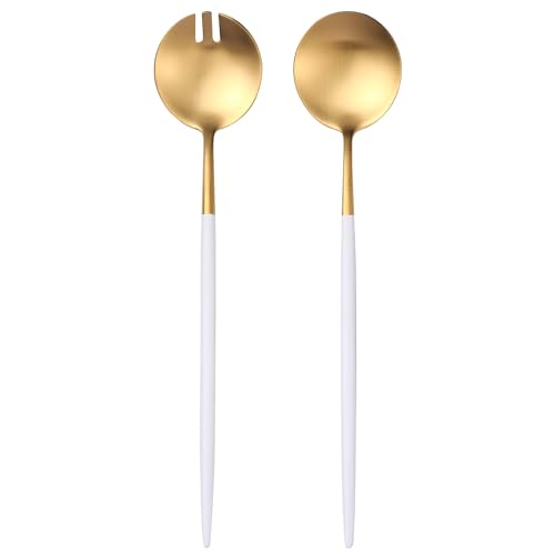 Lemeya White Gold Salad Serving Utensils,Serving Spoons Stainless Steel,2Pcs Long Handle Salad Servers 11.42 Inch,Salad Utensils for Serving,Matte Finish,Dishwasher Safe - Image 1