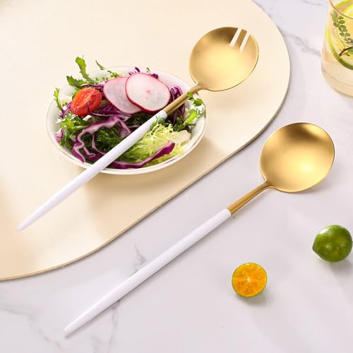 Lemeya White Gold Salad Serving Utensils,Serving Spoons Stainless Steel,2Pcs Long Handle Salad Servers 11.42 Inch,Salad Utensils for Serving,Matte Finish,Dishwasher Safe - Image 3