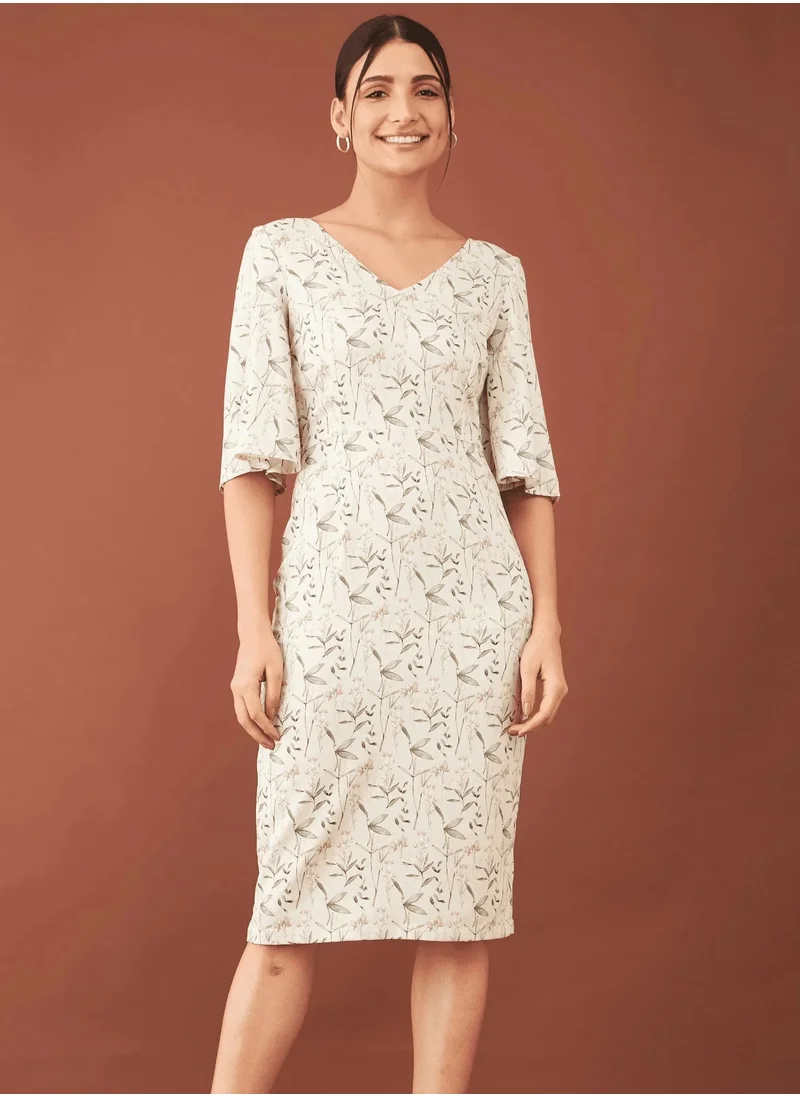 Salt Attire Women's  Elegant Floral Print Sheath Dress with Bell Sleeves and Flattering V-Neck Design - A Perfect Choice for Chic Occasions and Effortless Style