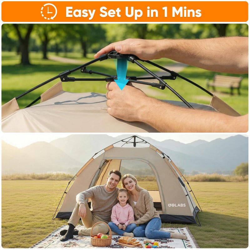 Golabs CT3 2 Person Instant Camping Tent, 1-Minute Setup by Pre-Attached Pole, 4 Side Mesh & Door Ventilation, Lightweight 4.8lbs Portable Design with Carry Bag, Inner Storage Pockets & Hooks for Park - Image 2