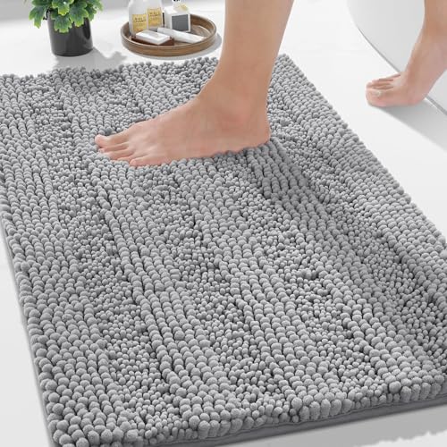 Yimobra Bathroom Rug Mat, Non Slip and Super Absorbent Bath Mat, Machine Washable Quick Dry, Ultra Plush Chenille Shower Rugs for Bathroom Floor Sink Tub and Shower Outside, Gray, 24 x 17 - Image 1