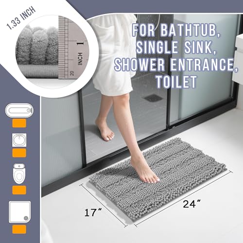 Yimobra Bathroom Rug Mat, Non Slip and Super Absorbent Bath Mat, Machine Washable Quick Dry, Ultra Plush Chenille Shower Rugs for Bathroom Floor Sink Tub and Shower Outside, Gray, 24 x 17 - Image 2