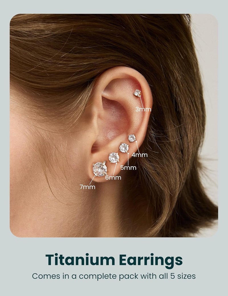WSSXC 6 Pairs Stud Earrings Set, Hypoallergenic Cubic Zirconia 316L Earrings Stainless Steel CZ Earrings 3-8mm (Steel color) - Image 2