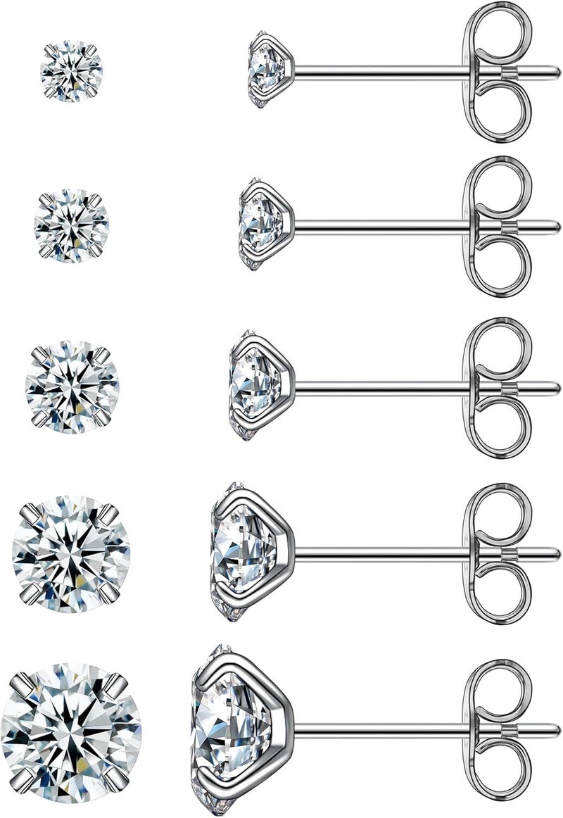 WSSXC 6 Pairs Stud Earrings Set, Hypoallergenic Cubic Zirconia 316L Earrings Stainless Steel CZ Earrings 3-8mm (Steel color) - Image 1