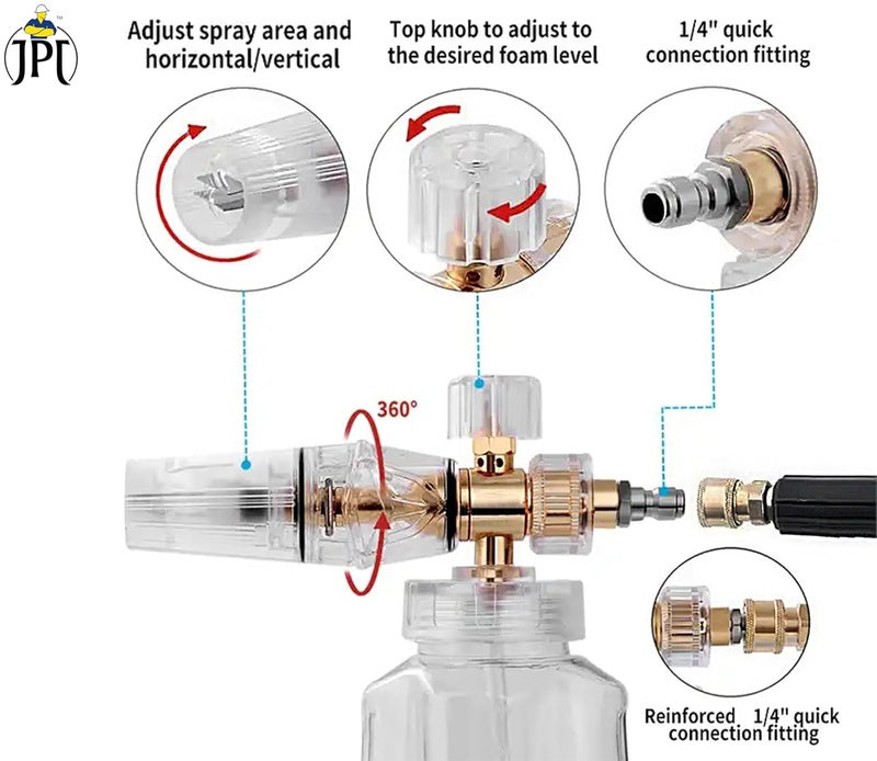 JPT New Advance Transparent Adjustable Pro Foam Cannon for Thick Clinging Foam with 1000 PSI 70 Bar 11mm Orifice Brass ABS Nozzle 14 Quick Connector Included - Image 2