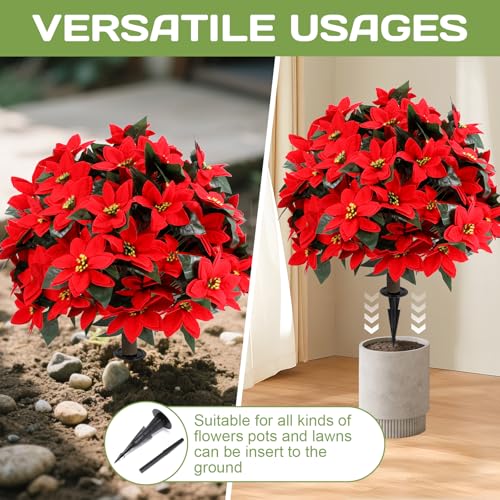 Jasmpig Artificial Poinsettia Topiary Ball Tree 27" with Ground Spike, Set of 2 Artificial Boxwood Bushes for Faux Shrubs, Fake Evergreen Faux Plant for Indoor Outdoor Porch Garden- UV Resistant – Fade-Proof - Image 4