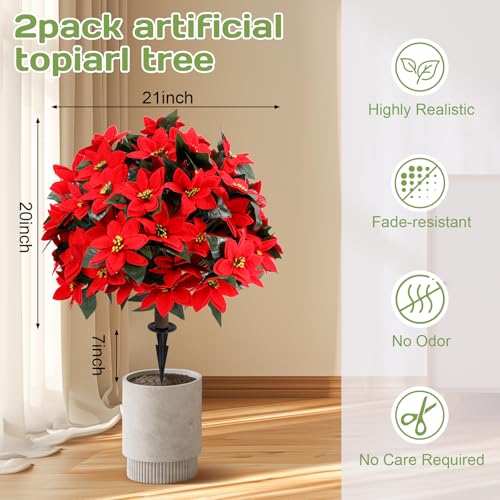 Jasmpig Artificial Poinsettia Topiary Ball Tree 27" with Ground Spike, Set of 2 Artificial Boxwood Bushes for Faux Shrubs, Fake Evergreen Faux Plant for Indoor Outdoor Porch Garden- UV Resistant – Fade-Proof - Image 2