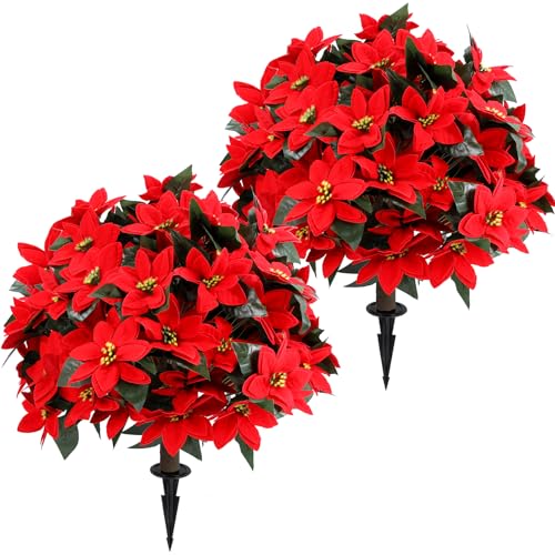 Jasmpig Artificial Poinsettia Topiary Ball Tree 27" with Ground Spike, Set of 2 Artificial Boxwood Bushes for Faux Shrubs, Fake Evergreen Faux Plant for Indoor Outdoor Porch Garden- UV Resistant – Fade-Proof - Image 1