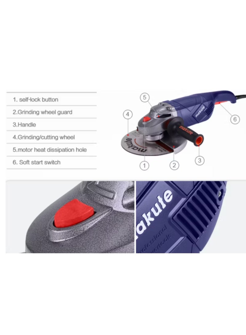 makute Angle Grinder, 2400W Motor, 180/230mm Drill Chuck, 6000 RPM, Variable Speed Control, Forward/Reverse Operation, 360° Adjustable Handle, Soft Grip for Comfort, AG026  - Image 5