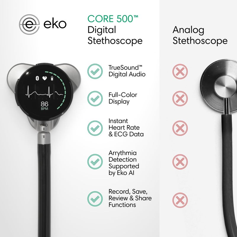 Eko CORE 500™ Digital Stethoscope — 40x Amplification, Active Noise Cancellation, 3-Lead ECG, FDA-Cleared AI, Full-Color Display, FSA/HSA Eligible — Silver, COR501 - Image 3