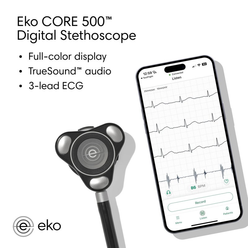 Eko CORE 500™ Digital Stethoscope — 40x Amplification, Active Noise Cancellation, 3-Lead ECG, FDA-Cleared AI, Full-Color Display, FSA/HSA Eligible — Silver, COR501 - Image 2