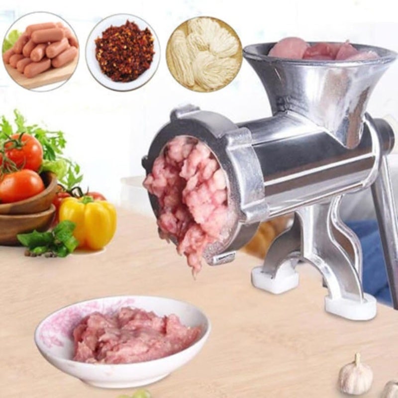 Meat Grinder: Silver Aluminum Alloy, Rustproof Durable, Clip-On Design - Sharp Blade With Wooden Handle, Sausage Stuffer for Home Kitchen Cooking, Dumpling & Sausage Making - Image 2