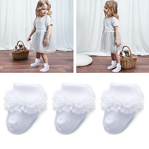 hakugoo Baby Girl Newborn Triple Lace Ruffle Socks Turn Cuff Socks 3 Pairs Ankle Dress Sock for Infant (White, 0-3 Months) - Image 3