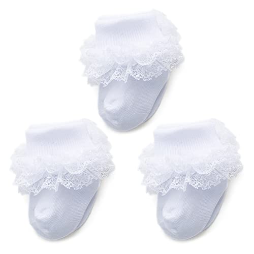 hakugoo Baby Girl Newborn Triple Lace Ruffle Socks Turn Cuff Socks 3 Pairs Ankle Dress Sock for Infant (White, 0-3 Months) - Image 1