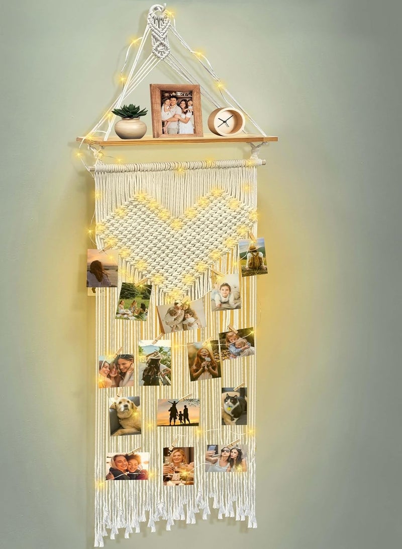 Antikiano Macrame Photo Display Hanging Shelf, Boho Wall Room Dorm Bedroom Love Decor, Picture Frame Collage Board with L-Ight 30 Clips, Christmas Teenage Teen Girl Gifts  - Image 1