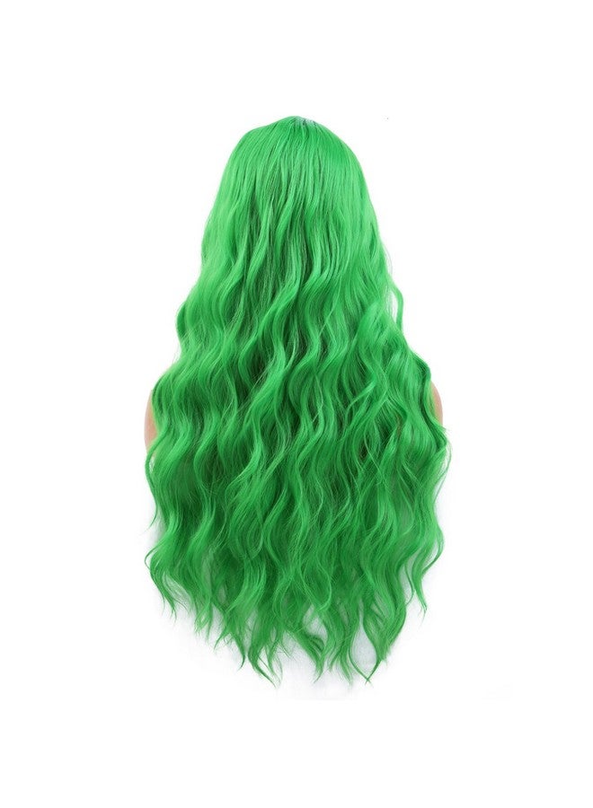 بيرون باروكة شعر نسائية طويلة خضراء ومموجة مع غرة، باروكة صناعية خفيفة اللون مقاومة للحرارة للاستخدام اليومي أو كزي، مع غطاء شعر مستعار متضمن - Image 1