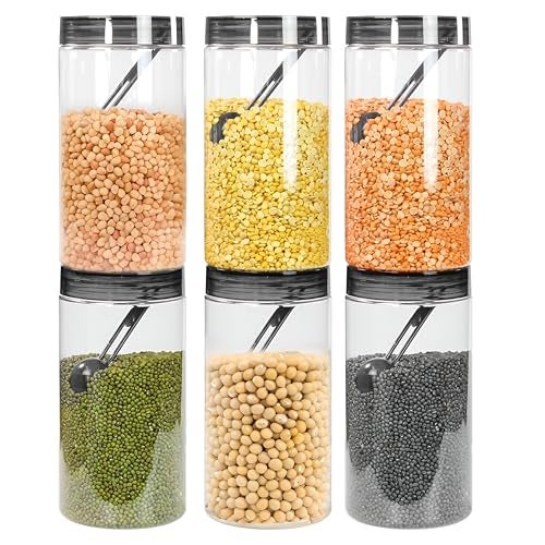 Homeor Plastic Storage Jar & Containers With Spoon, Airtight & BPA Free Containers for Kitchen Storage, Grocery Kitchen Container, Multipurpose Jar, Fridge Storage Container, 2000 ML Set 6, Black - Image 1