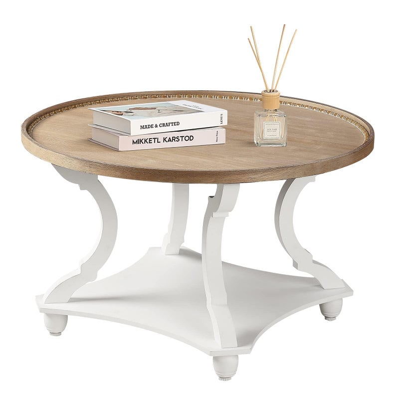 Wnutrees Farmhouse Round Coffee Table, Wood Tray Top Circle Coffee Table with Storage Shelf Rustic Style for Living Room and Vintage Finish, White - Image 1