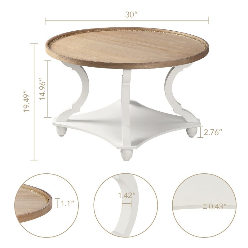 Wnutrees Farmhouse Round Coffee Table, Wood Tray Top Circle Coffee Table with Storage Shelf Rustic Style for Living Room and Vintage Finish, White - Image 4