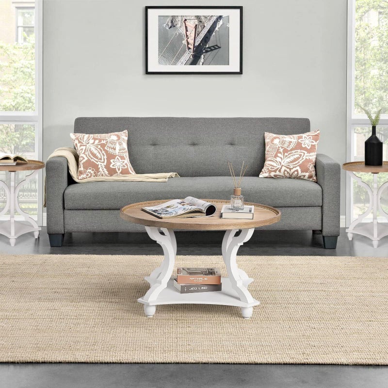 Wnutrees Farmhouse Round Coffee Table, Wood Tray Top Circle Coffee Table with Storage Shelf Rustic Style for Living Room and Vintage Finish, White - Image 2