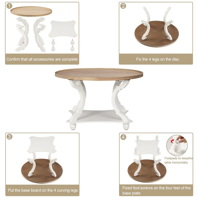 Wnutrees Farmhouse Round Coffee Table, Wood Tray Top Circle Coffee Table with Storage Shelf Rustic Style for Living Room and Vintage Finish, White - Image 5