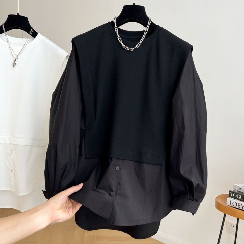 Plus Size 300kg French Design Splice Long Sleeve Womens Loose Babydoll Shirt Black - Image 1
