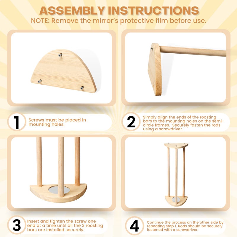 TonGass 16" Extra Long Chicken Perch - Freestanding Roosting Bar for Baby Chicks with Built-in Mirrors for Entertainment - Durable Polished Bamboo Roosting Bar - 15 3/4 x 6 5/8 x 3 1/2" - Image 4