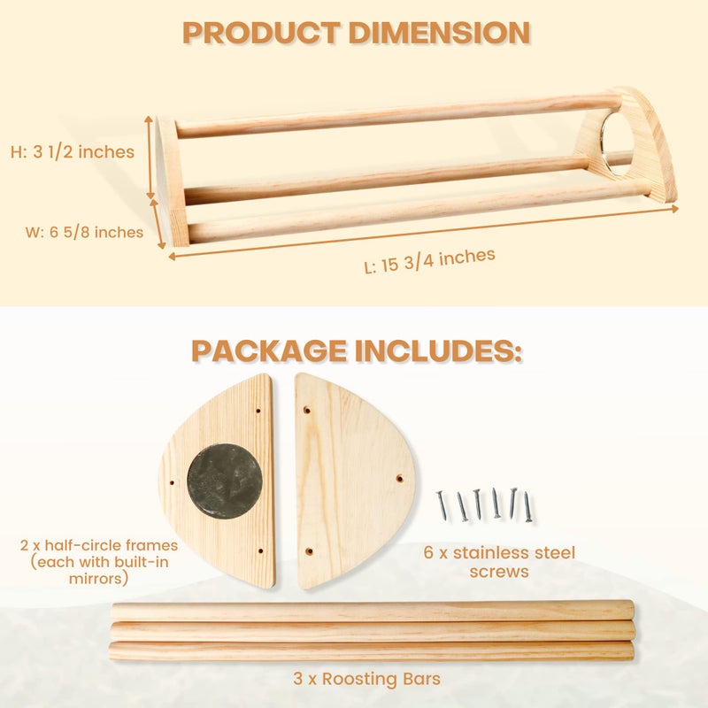 TonGass 16" Extra Long Chicken Perch - Freestanding Roosting Bar for Baby Chicks with Built-in Mirrors for Entertainment - Durable Polished Bamboo Roosting Bar - 15 3/4 x 6 5/8 x 3 1/2" - Image 2