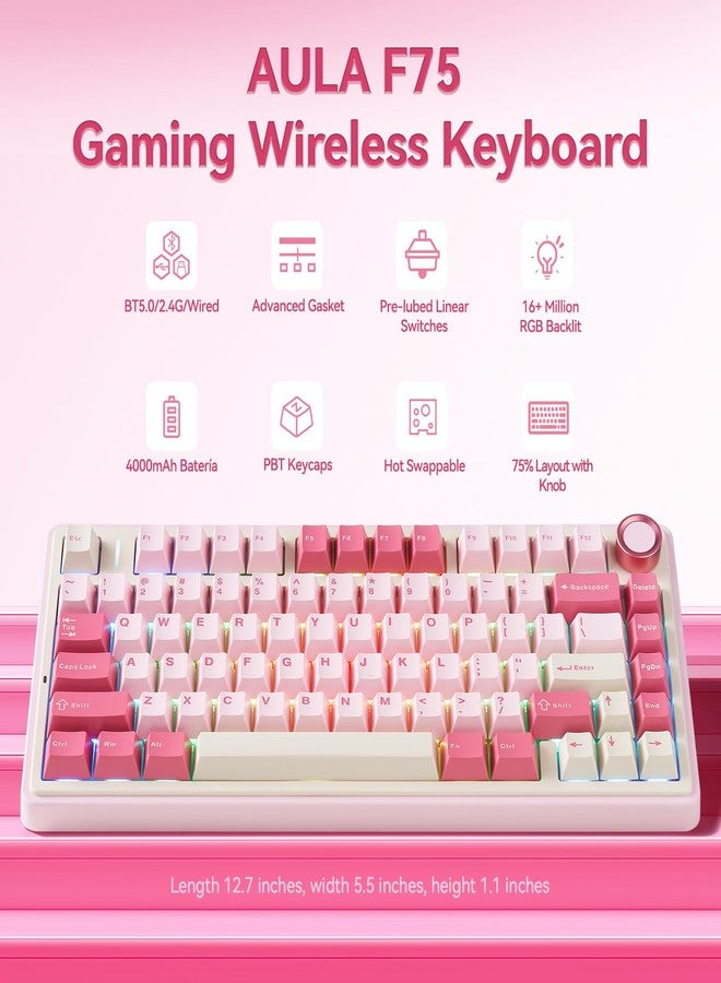 AULA F75 Wireless Keyboard, 75% Gaming Keyboard Hot Swappable with Creamy Sound,Bluetooth/2.4GHz/USB-C,Custom RGB Mechanical Keyboard for PC Gamer - Pink - Image 2