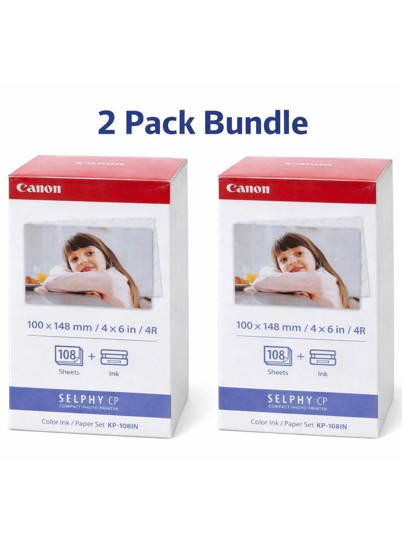 كانون طقم ورق وحبر كانون سيلفي KP-108 للطباعة الفوتوغرافية – عبوتان بإجمالي 216 ورقة – كل عبوة تحتوي على 108 ورقات مقاس 4×6 إنش مع حبر ملون – متوافق مع طابعات CP1000 / CP910 / CP820 - Image 1