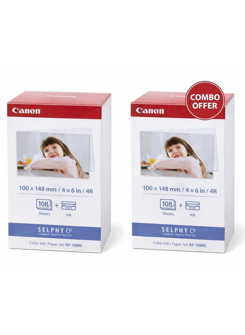 Canon SELPHY KP-108 Ink and Paper Set for Photo Printing Bundle of 2 Packs Total 216 Sheets Each Pack Includes 108 Sheets (Postcard Size 4x6") with Color Ink Compatible with CP1000, CP910, CP820 Printers - Image 1