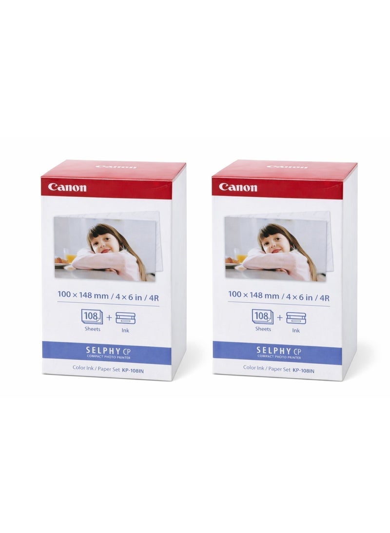 Canon SELPHY KP-108N Ink and Paper Set for Photo Printing Bundle of 2 Packs Total 216 Sheets Each Pack Includes 108 Sheets (Postcard Size 4x6") with Color Ink Compatible with CP1000, CP910, CP820 Printers - Image 1