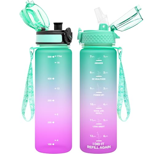 OLDLEY Kids Water Bottle for School 17 oz 2 lids BPAFree Reusable Leakproof Durable Tritan Plastic Water Bottles with Straw  Chug Lids Antidust Spout Cover Green Purple