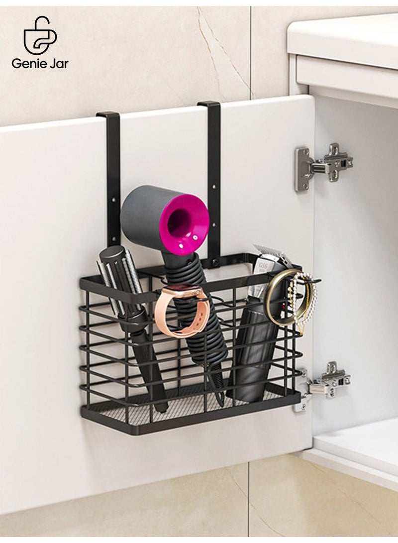 Genie Jar Over Cabinet Door Hair Dryer Holder Organizer, No Drilling Hanging Storage Basket for Bathroom, Metal Holder for Hair Tools, Comb, Styling Accessories - Image 1