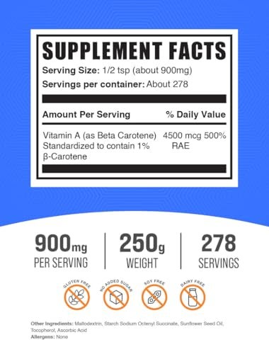 BulkSupplements.com Beta Carotene Powder - Beta Carotene Supplement, Vitamin A Supplement for Immune and Vision Support - Gluten Free, 900mg per Serving, 250g (8.8 oz) (Pack of 1) - Image 2