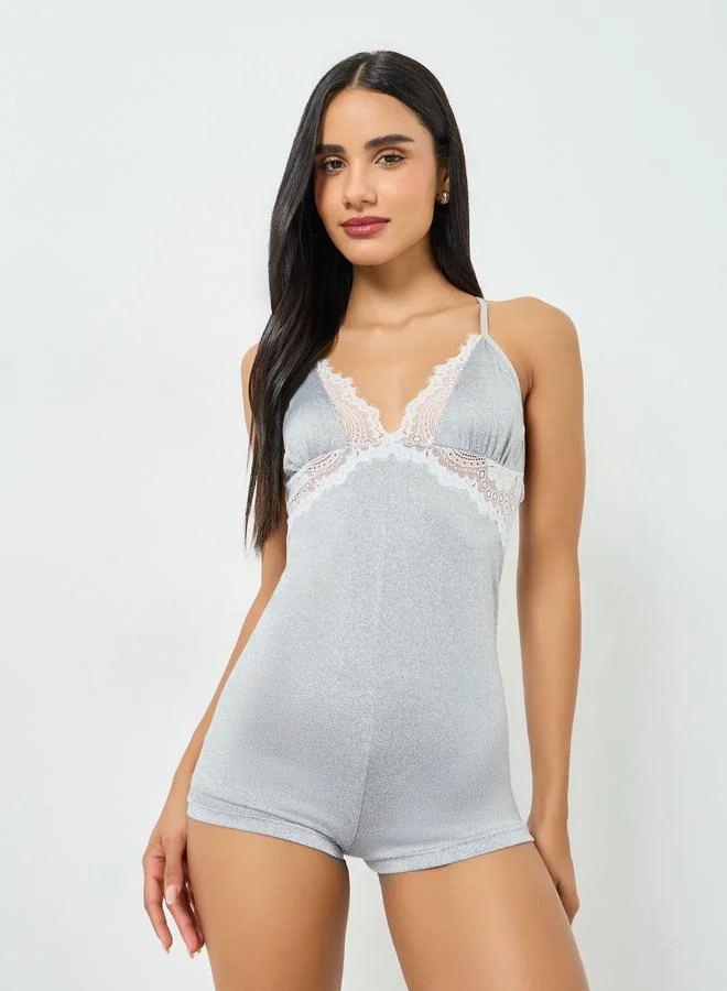 Take Two Grey Contrast Lace Trim Detail Romper