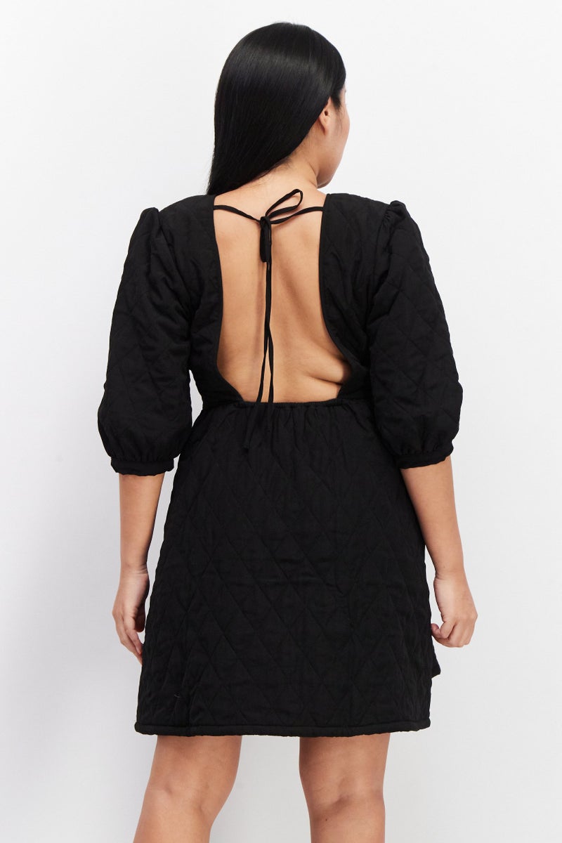 NA-KD Women Quilted Open Back Mini Dress, Black - Image 4