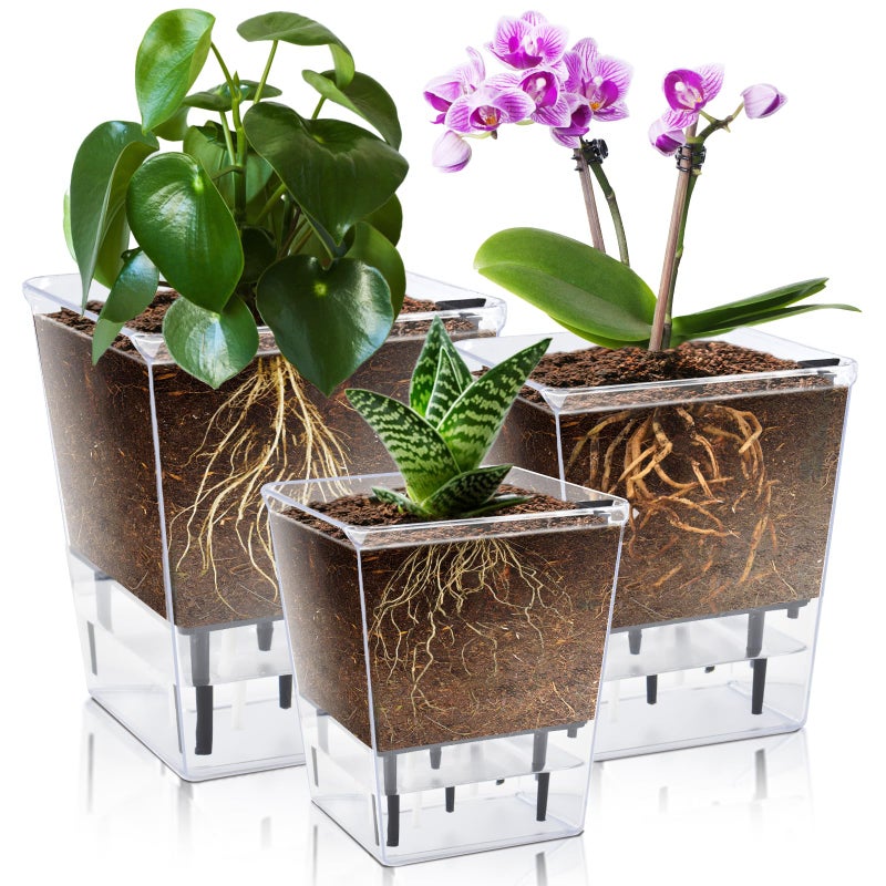 IWNTWY Self Watering Pots Set, 3 Pack 5/4.1/2.7 Inch Self Watering Pot for Indoor Plants, Clear Flowers Pot Planter with Deep Reservoir for Spider Plant, Orchid, African Violet - Image 1