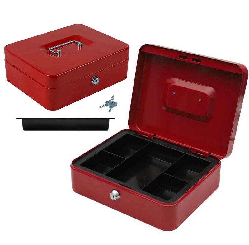 MAX-EMA GLOBAL MaxEMA Metal Cash Box With Lock & Keys Red  25x20x9cm Steel Register With Tray Durable Portable Money Box Safe For Bills Jewelry Organizer  Coins Phones Travel Lock Safe Box Piggy Bank Locker - Image 1