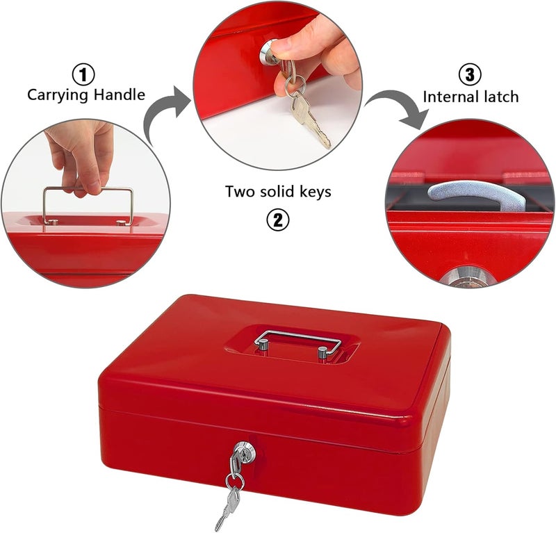 MAX-EMA GLOBAL MaxEMA Metal Cash Box With Lock & Keys Red  25x20x9cm Steel Register With Tray Durable Portable Money Box Safe For Bills Jewelry Organizer  Coins Phones Travel Lock Safe Box Piggy Bank Locker - Image 2