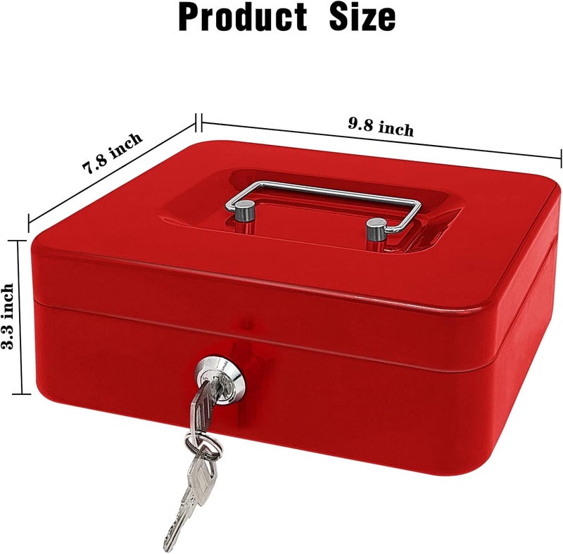 MAX-EMA GLOBAL MaxEMA Metal Cash Box With Lock & Keys Red  25x20x9cm Steel Register With Tray Durable Portable Money Box Safe For Bills Jewelry Organizer  Coins Phones Travel Lock Safe Box Piggy Bank Locker - Image 3