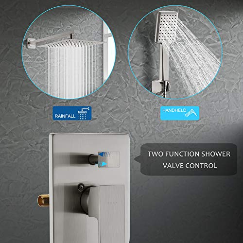 SOKA 10 Inches Rain Shower System Shower Faucets Sets Rain Shower Head And High Pressure Handheld Shower Head Square Shower Combo Set Shower Trim Kit with Valve Pressure Balance Brushed Nickel - Image 5