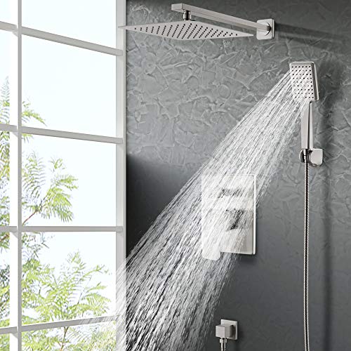 SOKA 10 Inches Rain Shower System Shower Faucets Sets Rain Shower Head And High Pressure Handheld Shower Head Square Shower Combo Set Shower Trim Kit with Valve Pressure Balance Brushed Nickel - Image 3