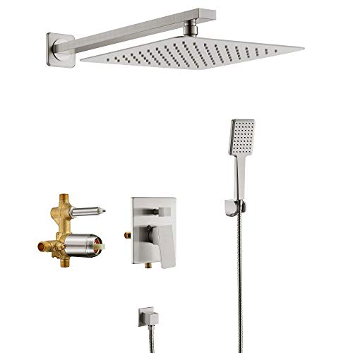SOKA 10 Inches Rain Shower System Shower Faucets Sets Rain Shower Head And High Pressure Handheld Shower Head Square Shower Combo Set Shower Trim Kit with Valve Pressure Balance Brushed Nickel - Image 1