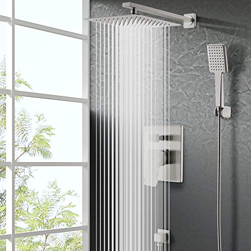 SOKA 10 Inches Rain Shower System Shower Faucets Sets Rain Shower Head And High Pressure Handheld Shower Head Square Shower Combo Set Shower Trim Kit with Valve Pressure Balance Brushed Nickel - Image 2