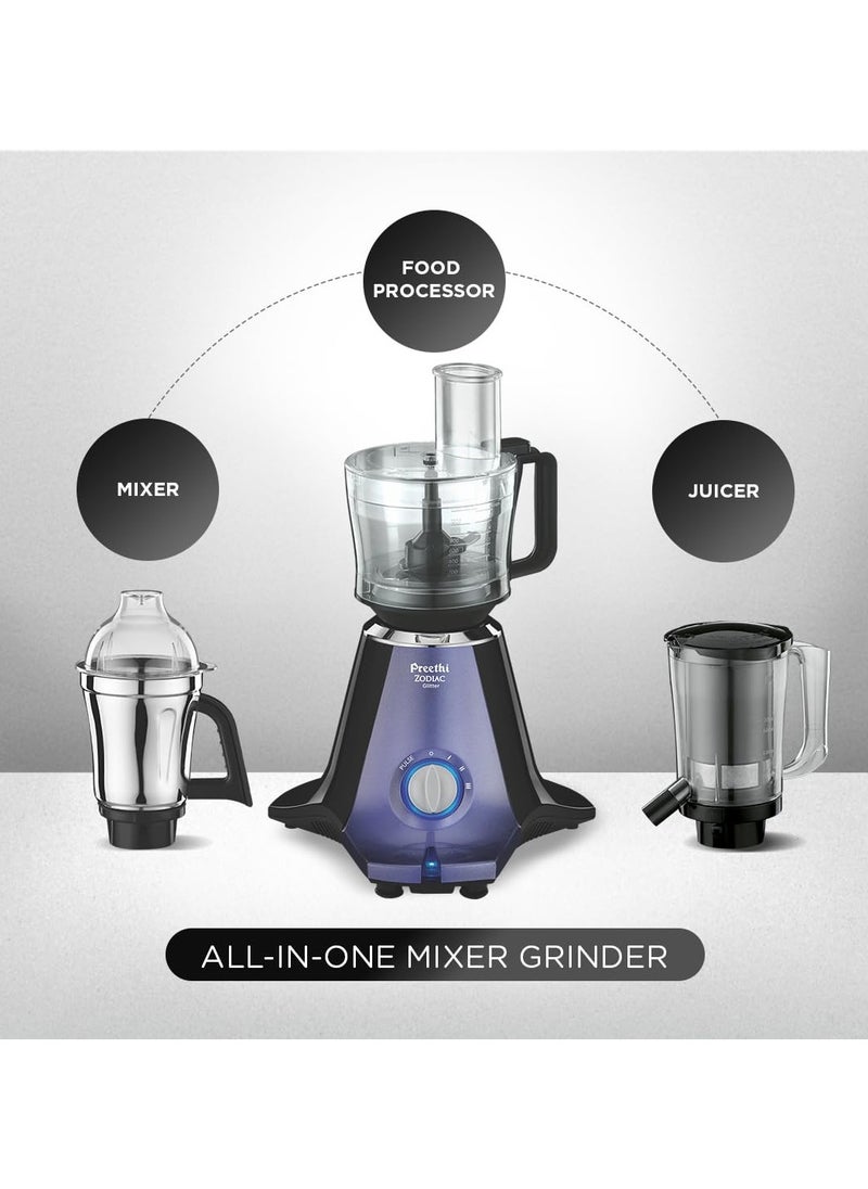 Generic - Preethi Zodiac Glitter MG 264, 750 Watt Mixer Grinder, 5 Jars (3 Stainless steel Jars +1 Juicer Jar+1 Master Chef Plus Food processor Jar), Lavender/Black - Image 1