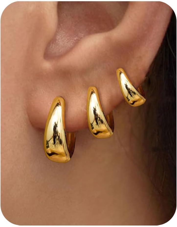 PANSHI  3 Pairs Gold Hoop Earrings Set for Women - Trendy Chunky Huggie Dainty Jewelry - Image 1