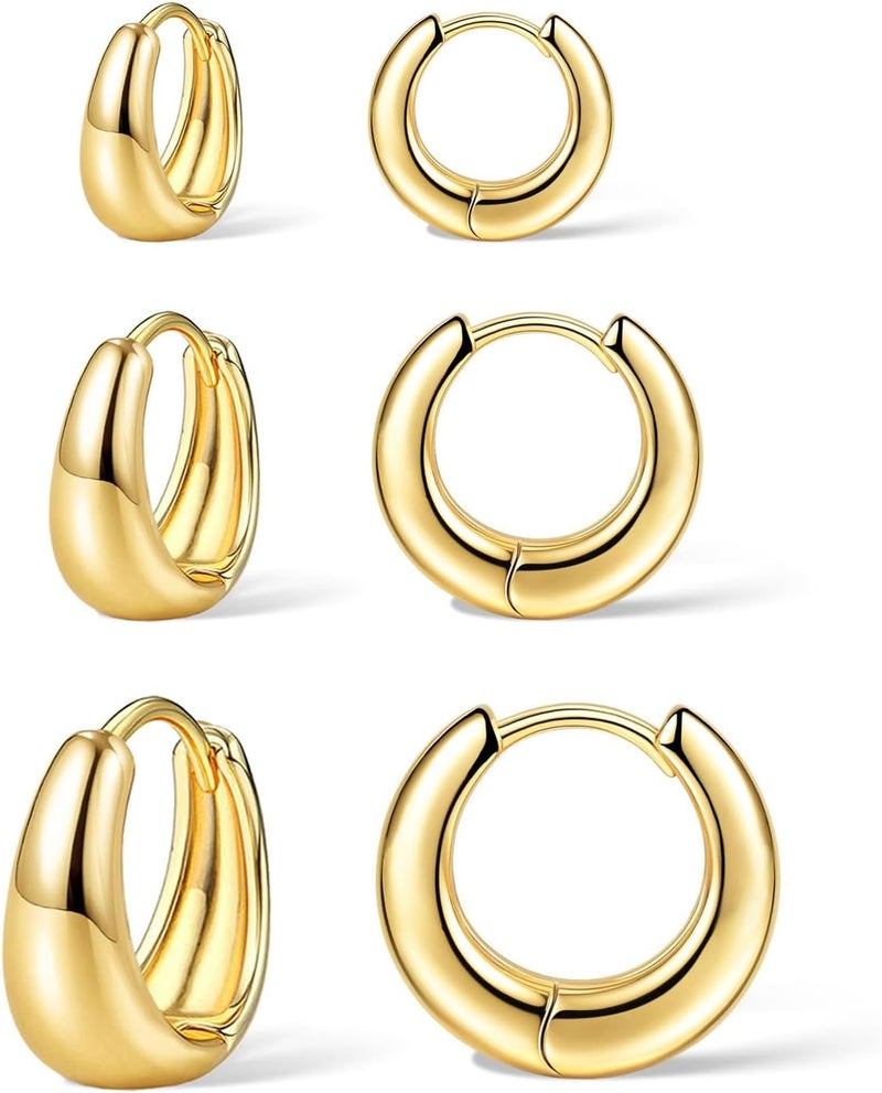 PANSHI  3 Pairs Gold Hoop Earrings Set for Women - Trendy Chunky Huggie Dainty Jewelry - Image 2