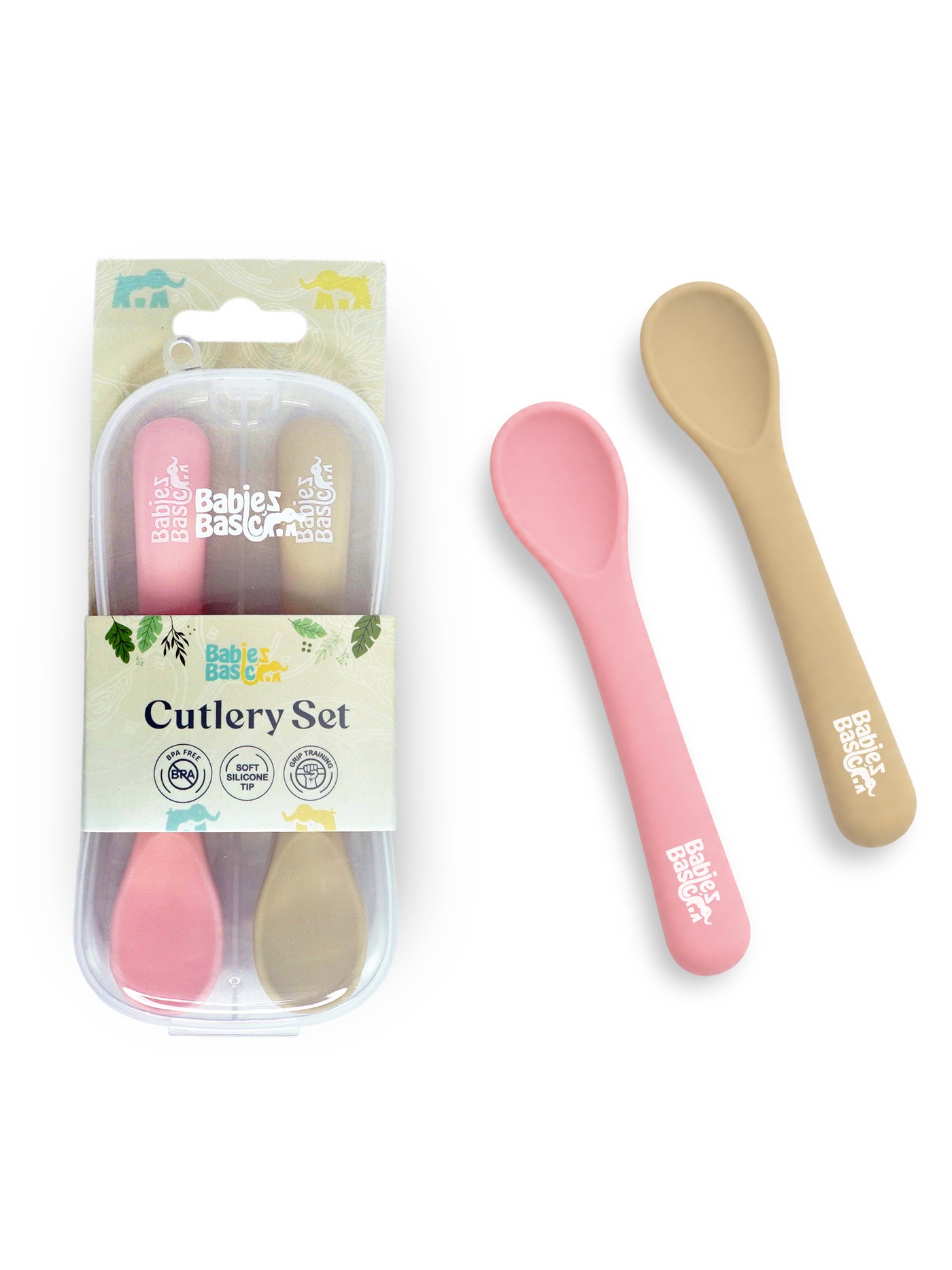 Babies Basic Flexible Silicone Spoon Set with travel case for kids, Beige and Pink