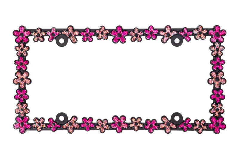 Creathome 3D Shining Daisy Wrenth License Plate Frame from Pure Zinc Alloy Metal Perfect Plate Holder,Matt Black with Pink Glitter - Image 2